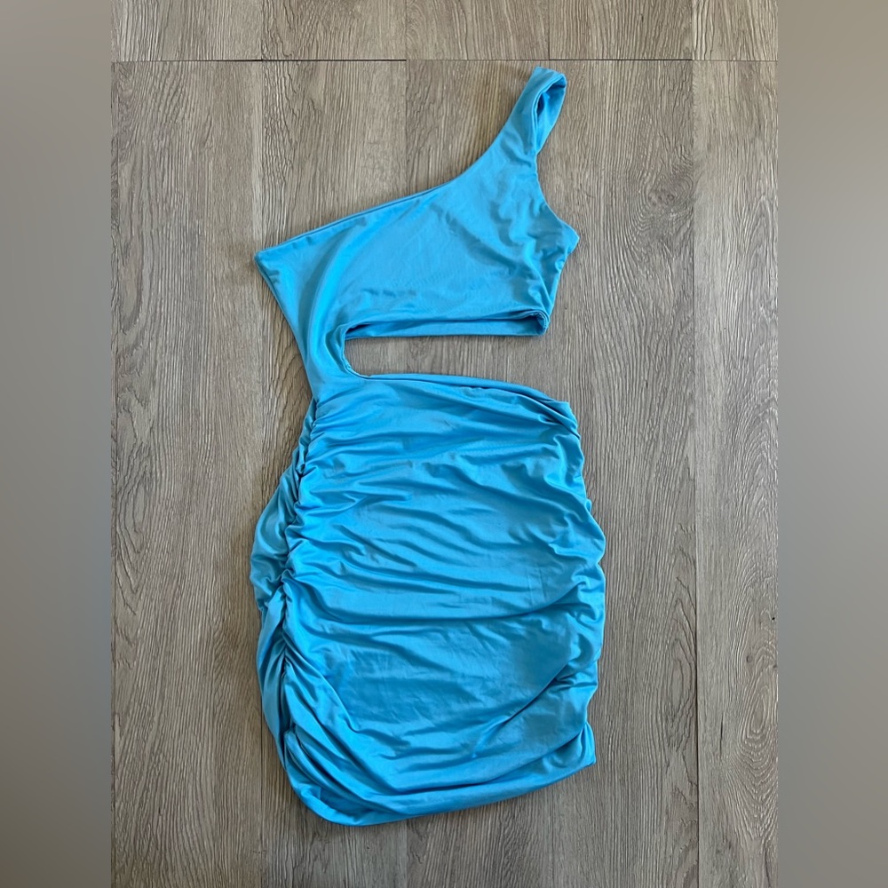 Blue one shoulder mini dress